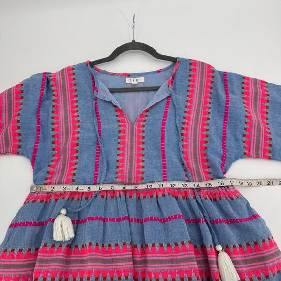 THML Womens Medium Blue Pink Woven Islander Mini Tasseled Peasant Boho Dress - Picture 13 of 15